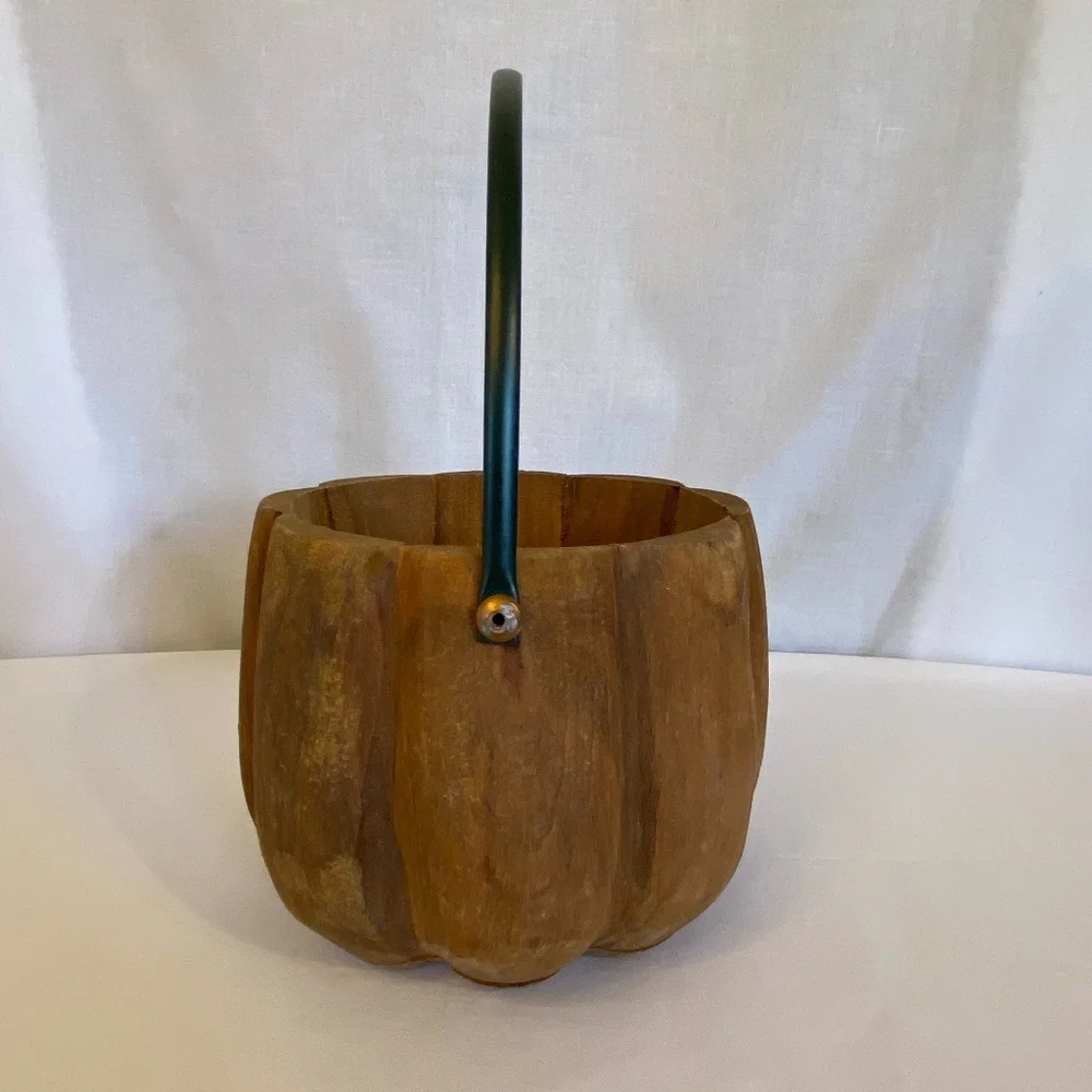 Rustic Pumpkin Bucket Pail Planter Candy Bowl Primitive Wooden Metal Handle